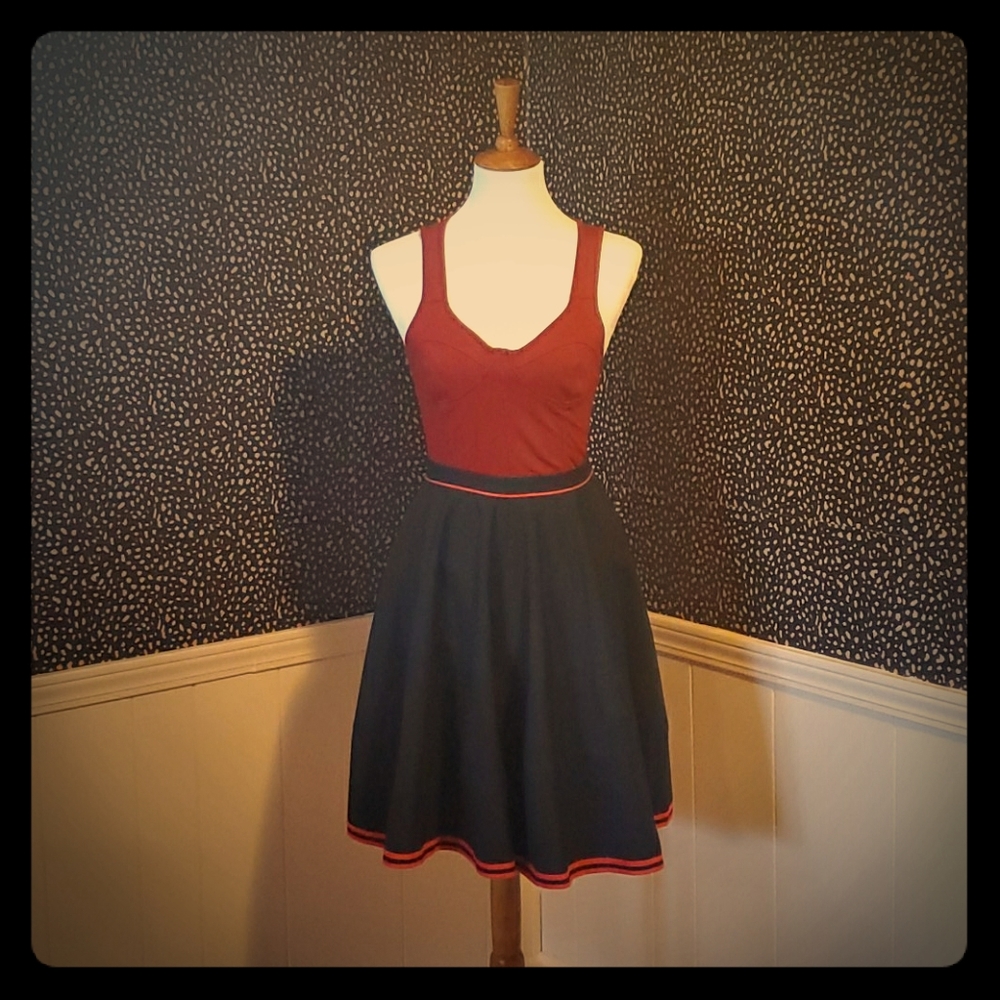 Navy Vintage Skirt with Red Trim